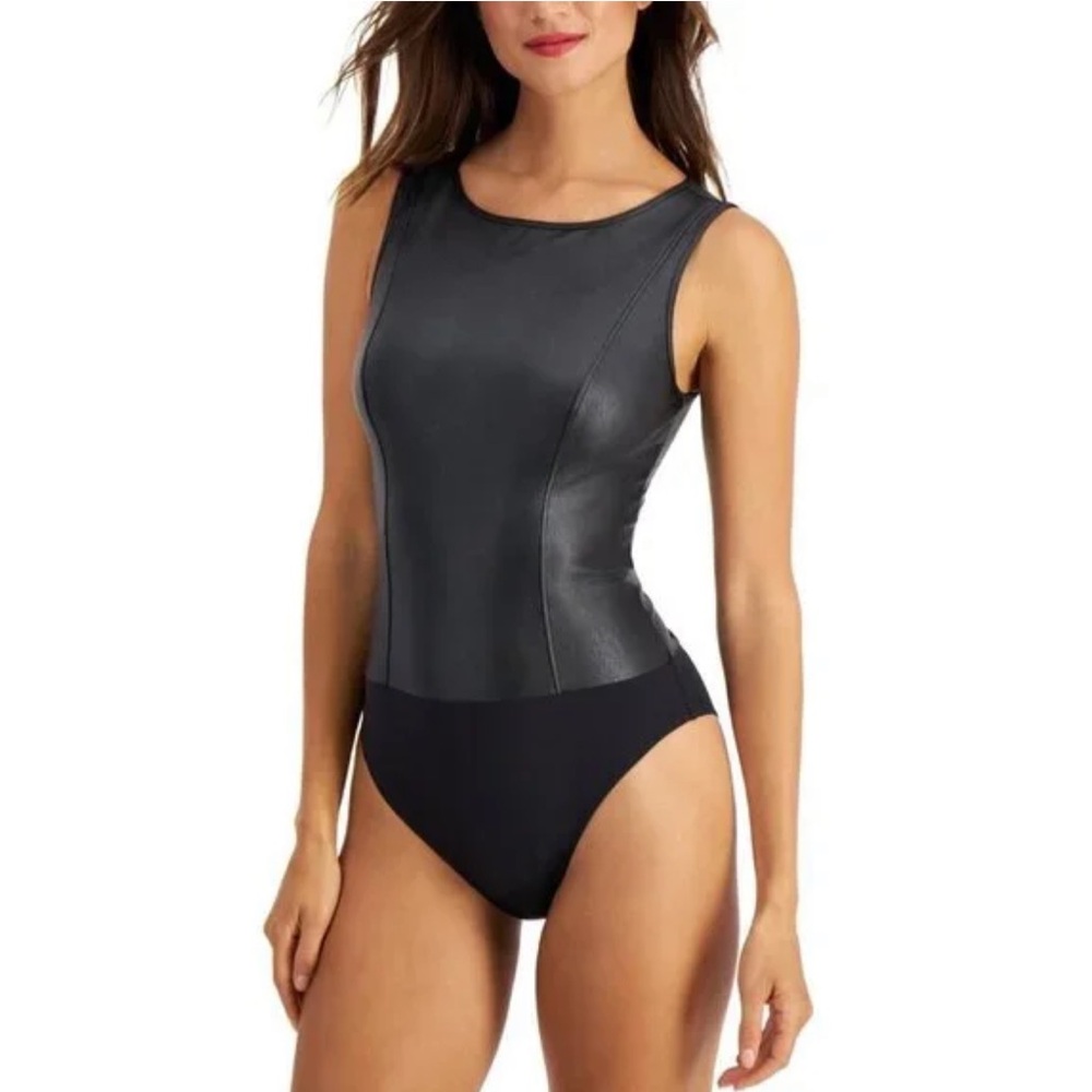 INC International Concepts Black Faux Leather Bodysuit Sz-S